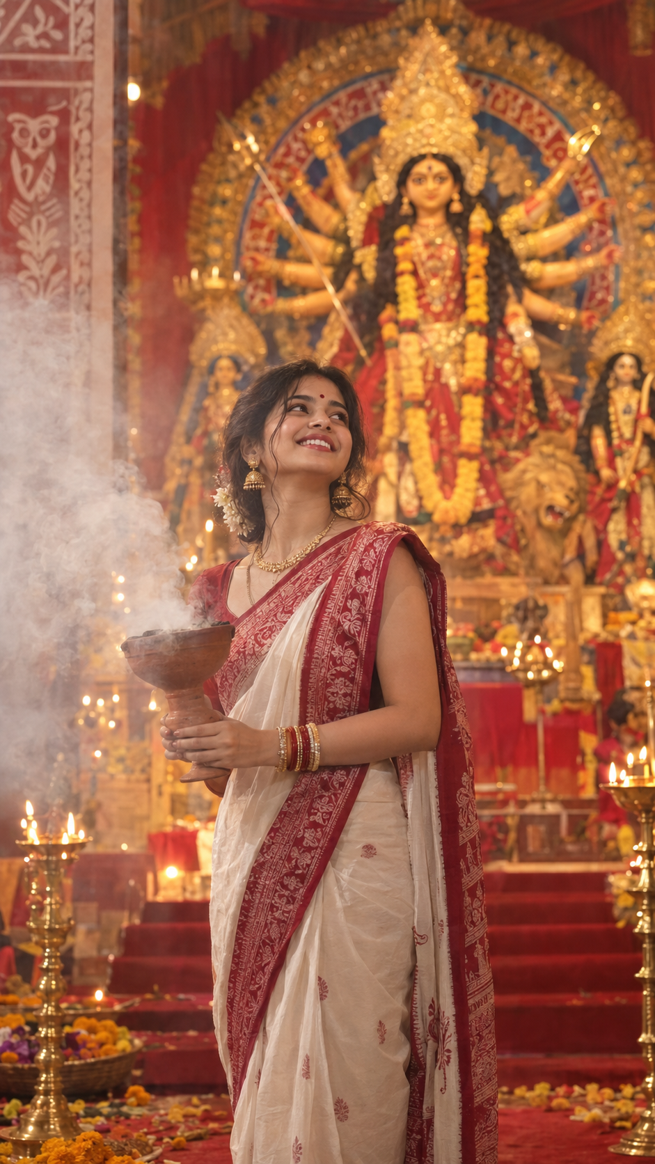 Joyful Bengali Woman Celebrating Durga Puja
