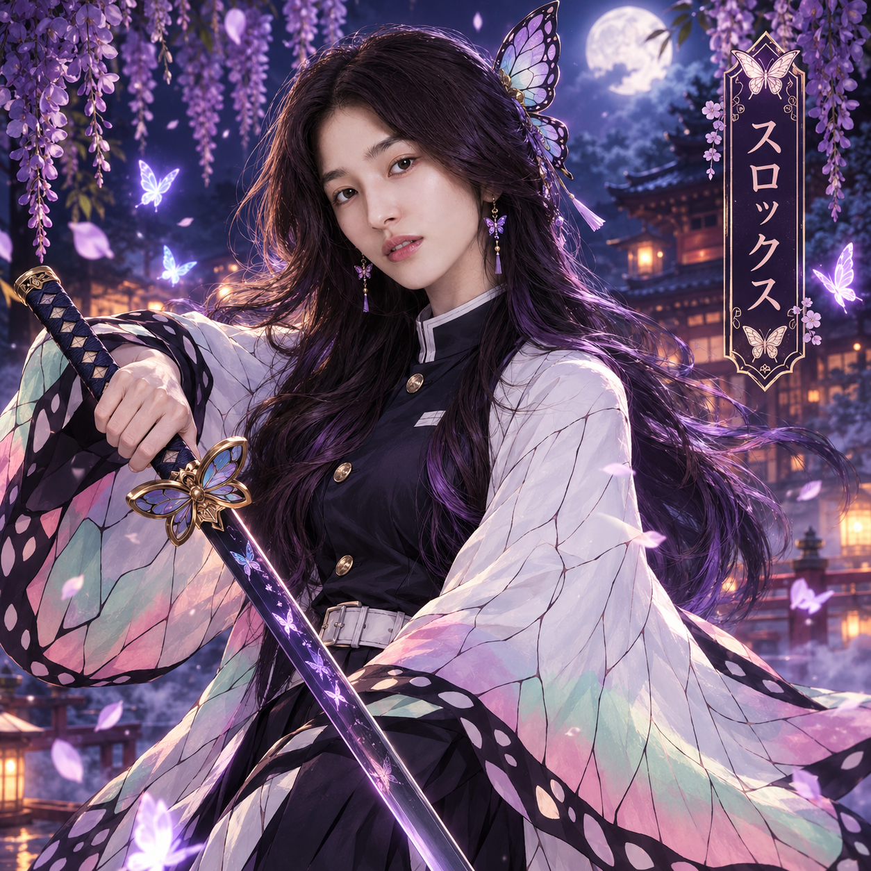 Anime Demon Slayer Girl AI Image Prompt – Butterfly Swordswoman