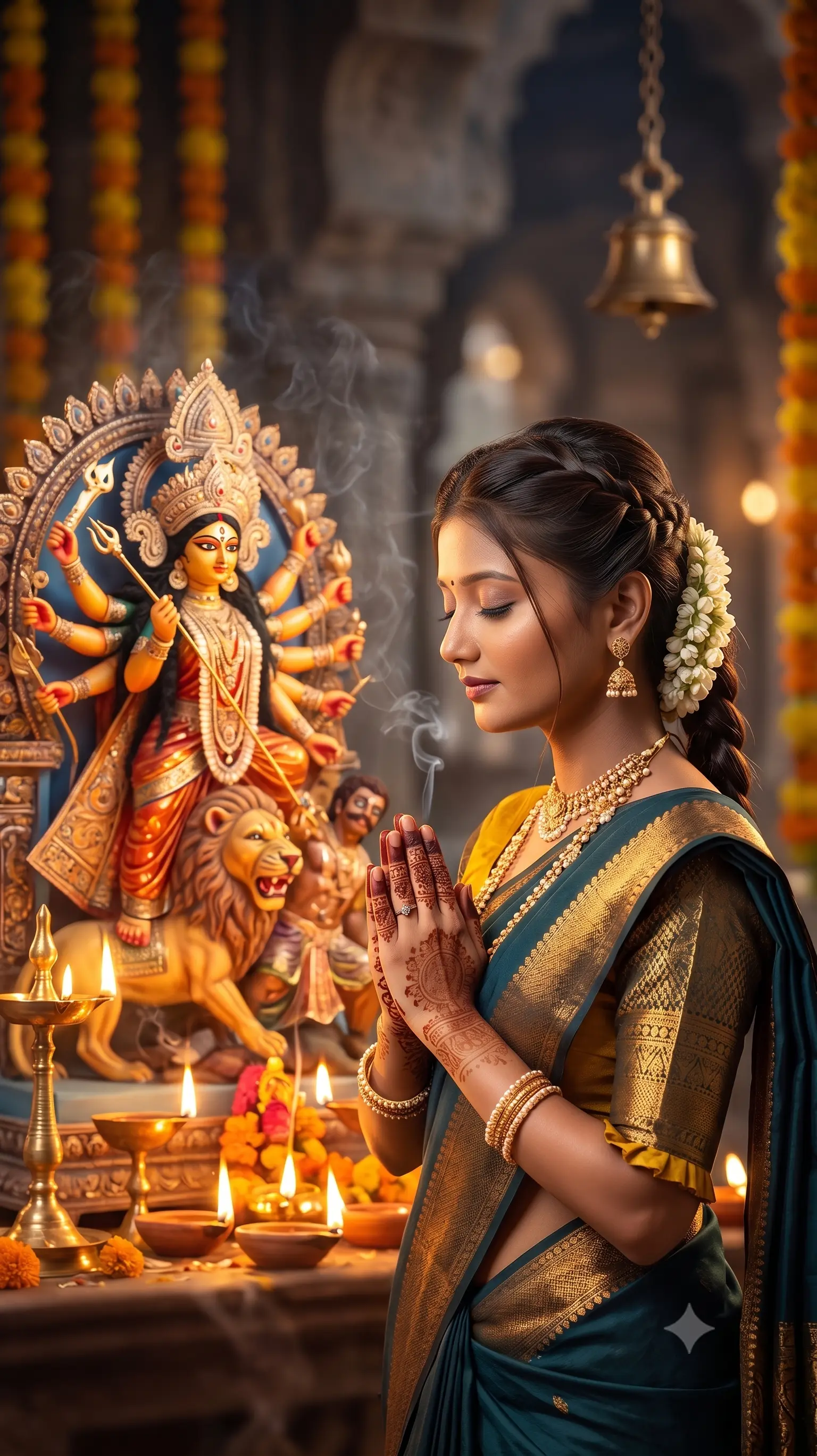 Indian Woman Praying to Goddess Durga – Photorealistic Navratri AI Image Prompt