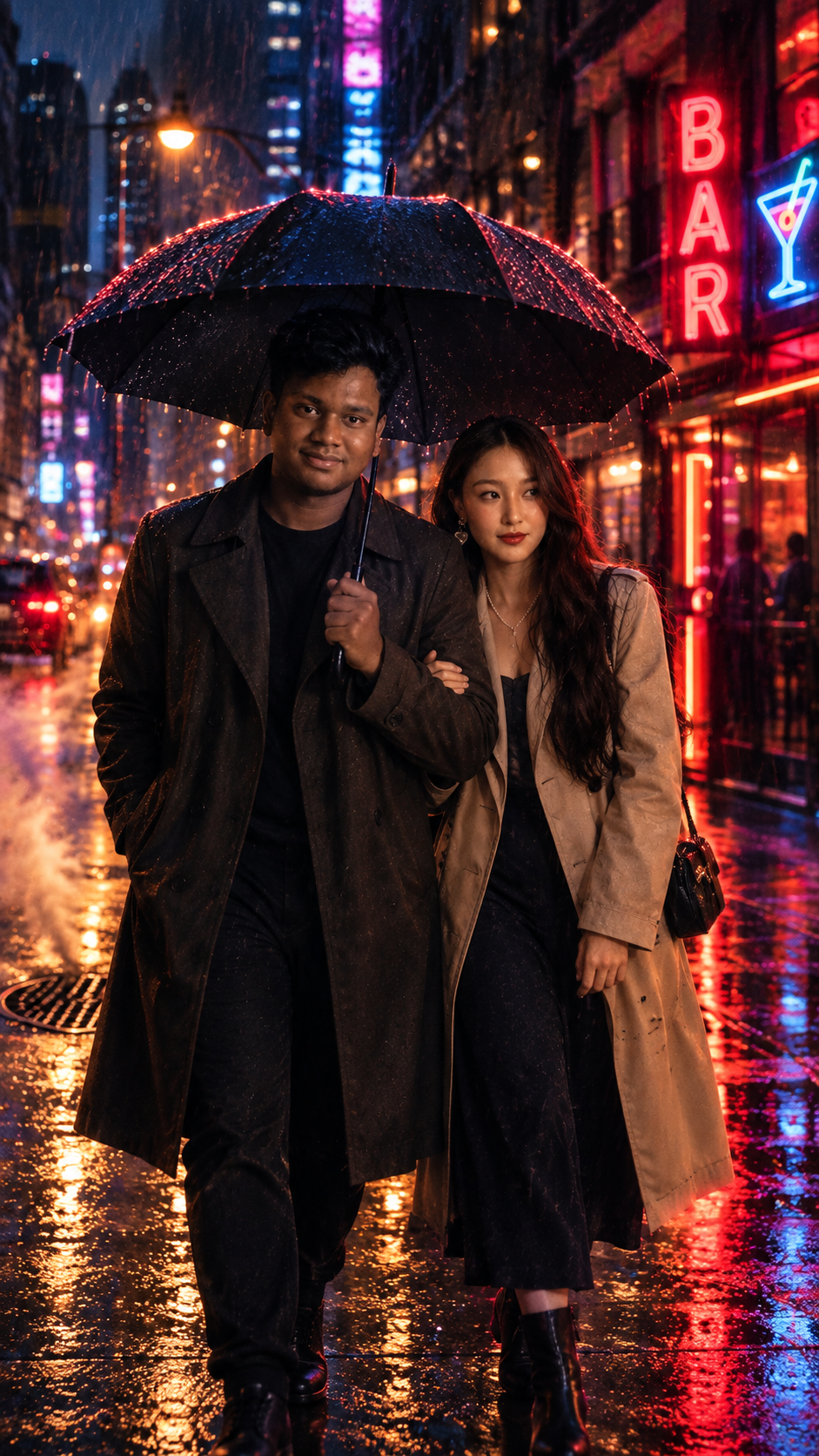 Cinematic AI Couple in the Rain | Neon City Romance | AI Photography