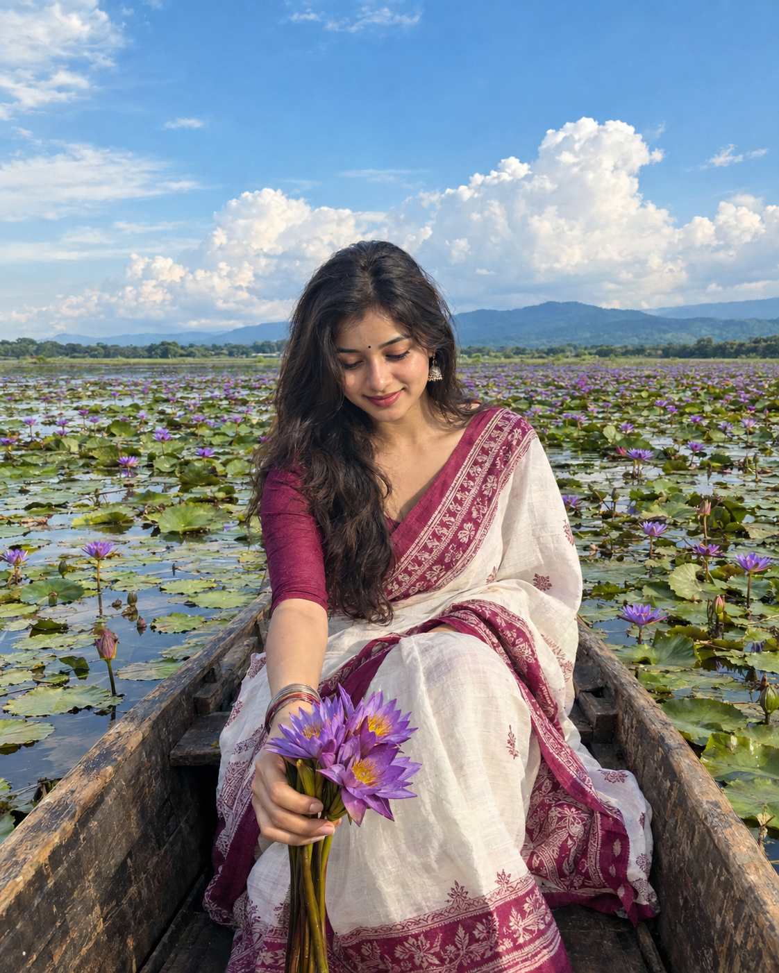 Bengali Woman in Saree on a Water Lily Boat