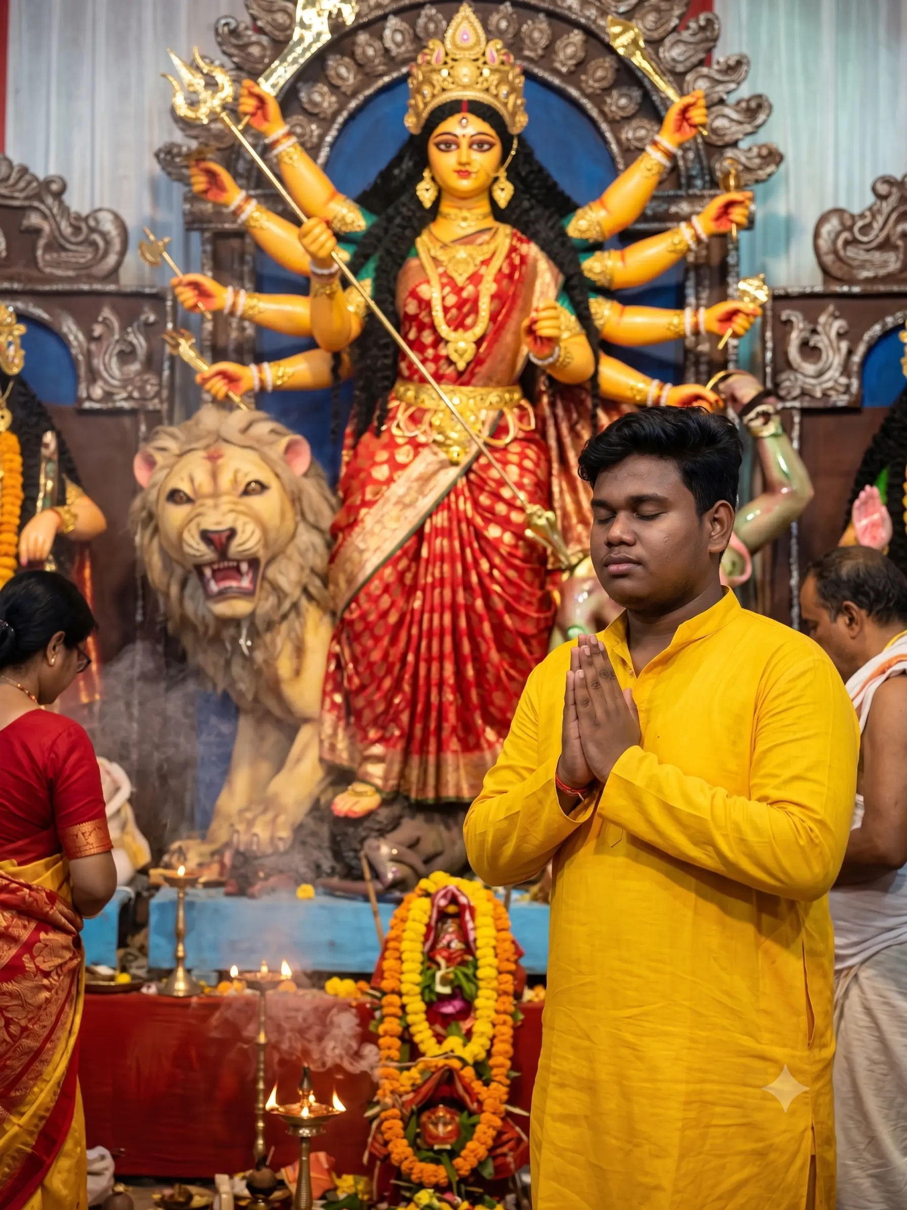 Devotee Praying to Goddess Durga – Hyper-Realistic Durga Puja AI Image Prompt