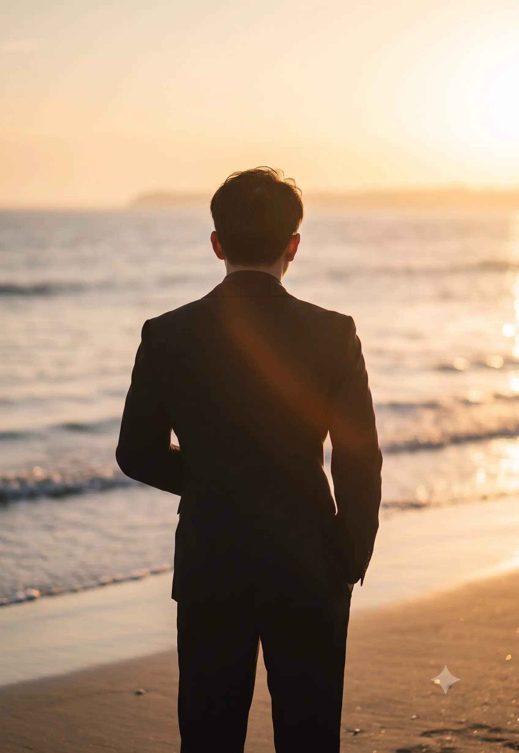 A cinematic back view of a man wearing a dark suit standing on a sandy beach, looking out at the ocean during a golden sunset. Warm, low-angle sunlight casts a natural lens flare across his back, with gently rolling waves softly blurred in the background.